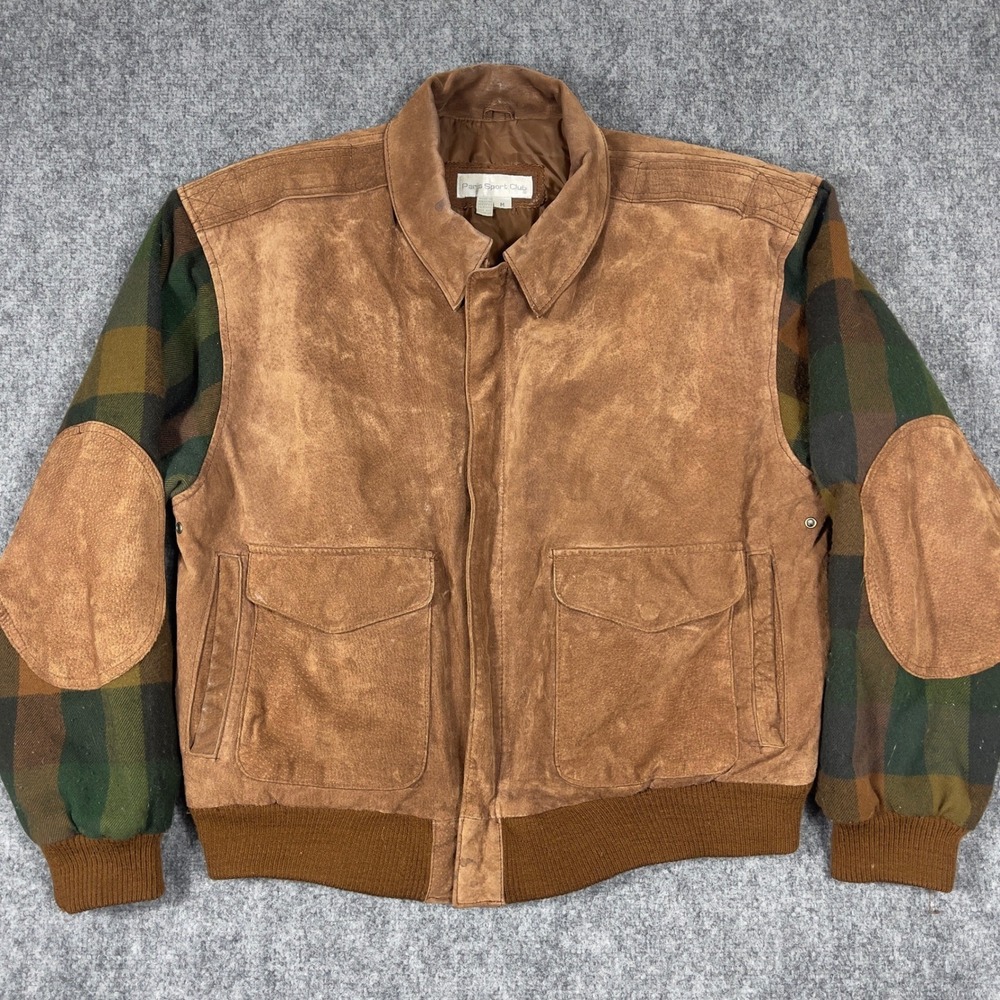 Paris Sport Club Suede Bomber Jacket Mens M Brown Plaid Wool Sleeve Elbow Patch